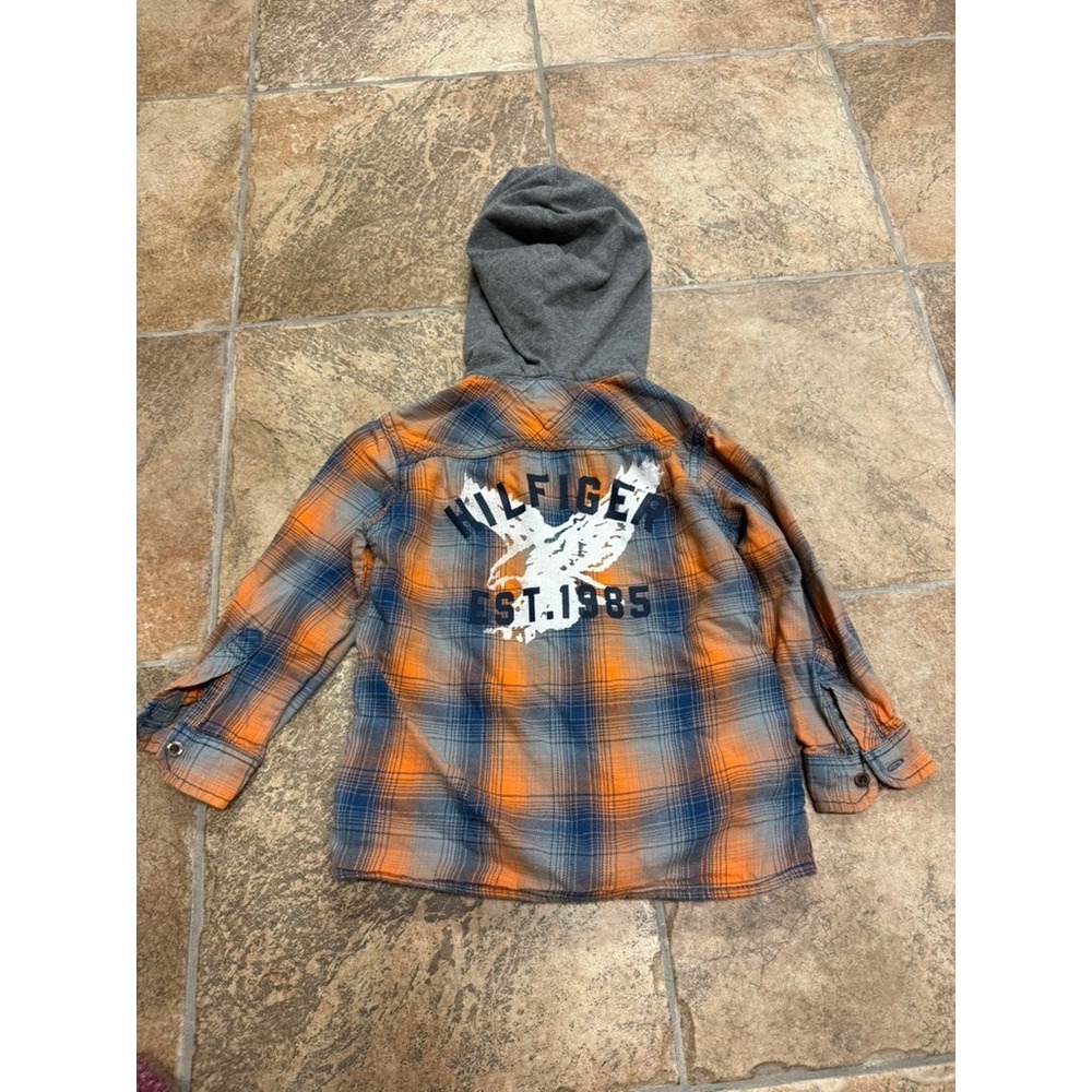 Tommy Hilfiger Kids Orange Blue Plaid Hooded Flannel Zip Up Shirt Jacket 3T - Picture 3 of 3
